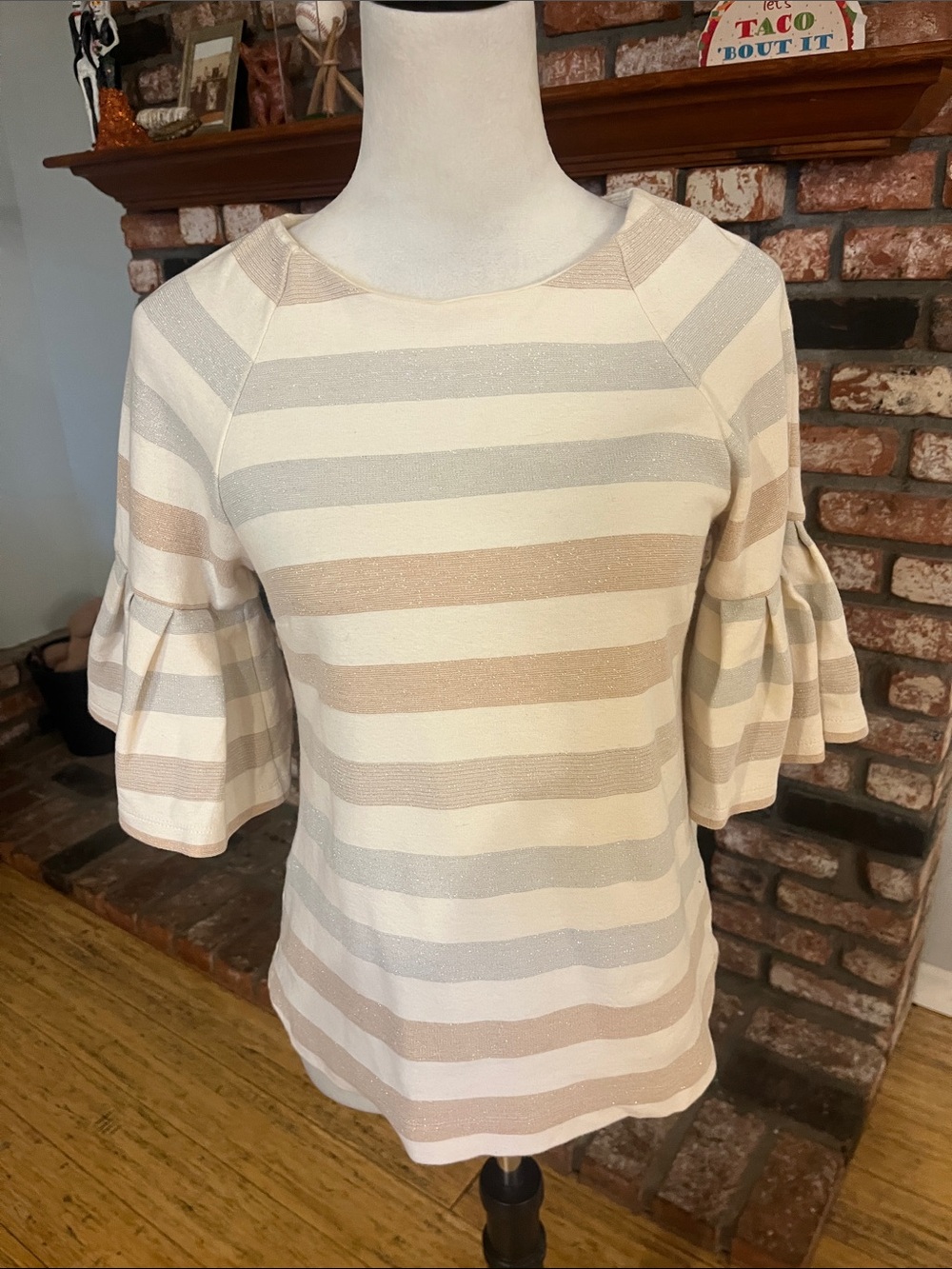 Maeve Cream & Tan Striped Ruffle Sleeve Top